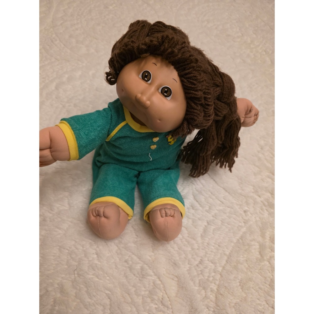 Vintage 1982 Cabbage Patch Kids Doll Brown Hair Yarn Pigtails Green Sleeper 80s - Picture 2 of 16